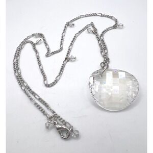 22" Silver Tone Crystal‎ Accent Chain Necklace w Curved Faceted Pendant
